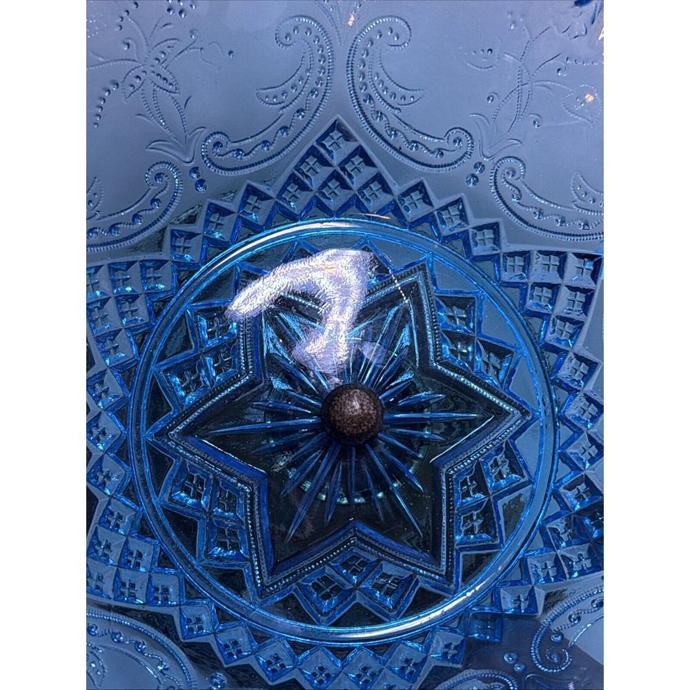 Blue Crimped Ruffled Candy Dish Compote Art Glass 6 Star Paisley Pattern - Picture 7 of 12